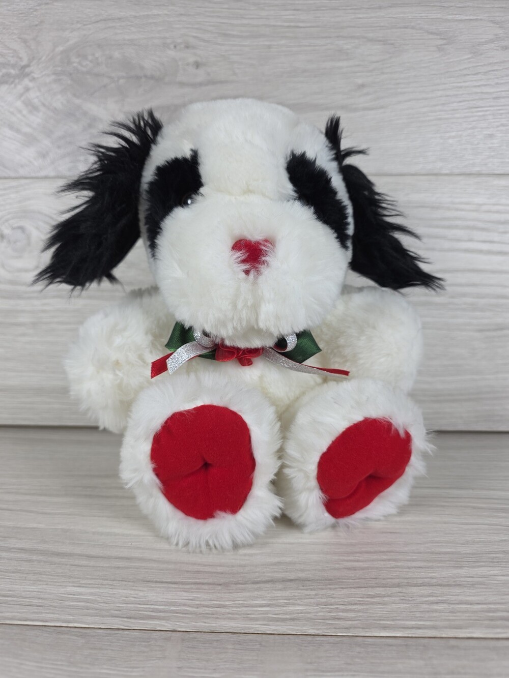 Vtg Plush Dog White and Black w Red and Green Ribbon 9" Mty Intl Taiwan SU43